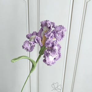 May include: A handcrafted crochet iris flower in shades of lavender and white, with a green stem and leaf. The flower has ruffled petals and a detailed texture. The flower is held by a hand against a white background.