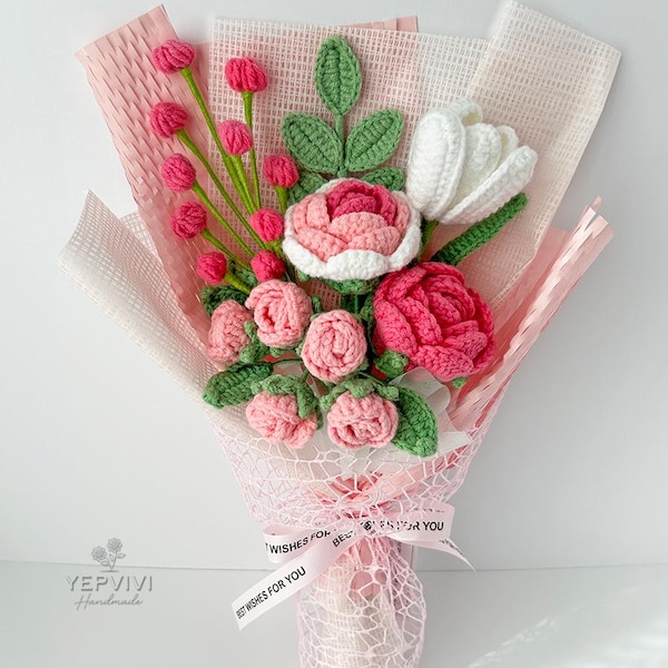 Crochet Flower Bouquet: Handmade Roses flowers - Pink, Blue, Purple, Yellow - Various Sizes. Mother’s Day gift.
