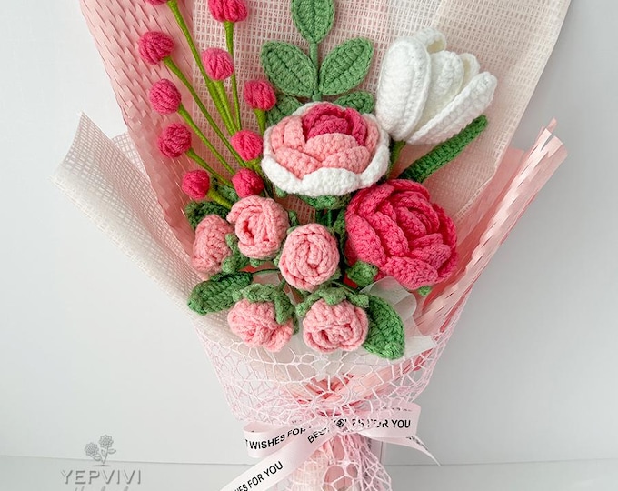 Crochet Flower Bouquet: Handmade Roses flowers - Pink, Blue, Purple, Yellow - Various Sizes. Mother’s Day gift.