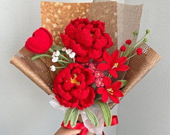 Crochet Peony Bouquet: Handmade Everlasting yarn Flowers, Red, Pink, Purple, Blue. Gift-Ready