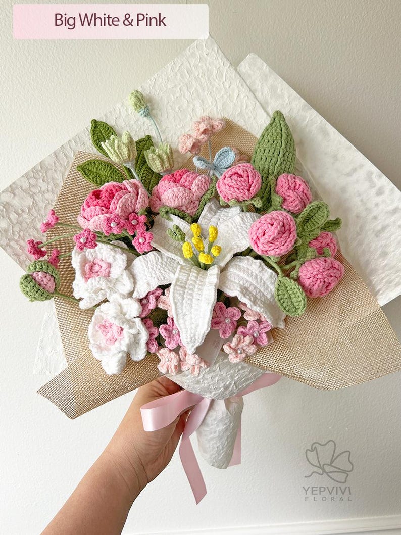 Crochet Flower Bouquet, Handmade Lily, Rose Arrangement, Birthday or