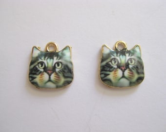 Pair Enameled Dark Gray Tabby Cat Head Charms