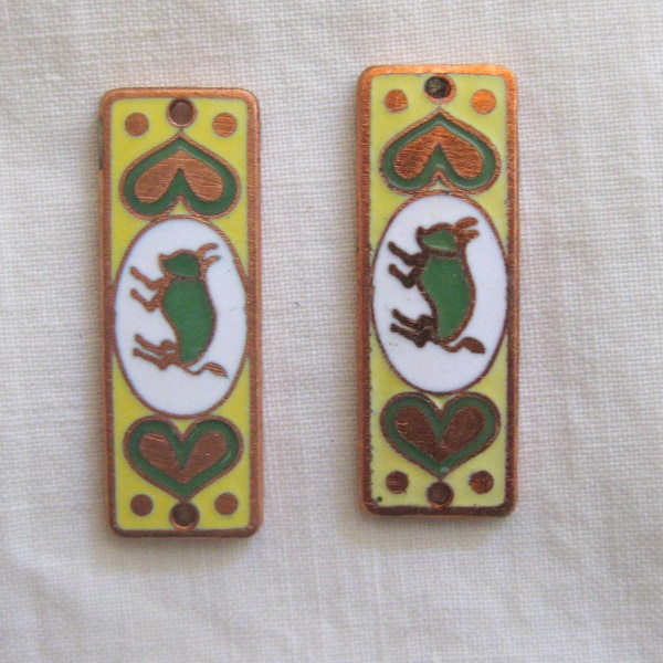 Pair Vintage Guilloche  Enamel Bull Taurus Charms Connectors