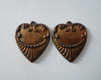 Pair Vintage Ox Brass Heart Charms