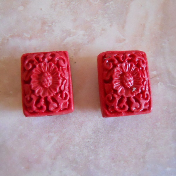 Pair Red Floral Cinnabar Beads