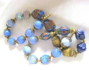 Curated Blue Cloisonne Agate Glass Brass Bead Strand