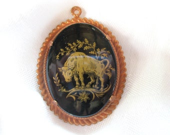 Vintage Taurus Bull Zodiac Cameo Pendant