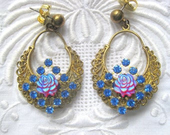 Pair Blue Ruby AB Rose Earrings