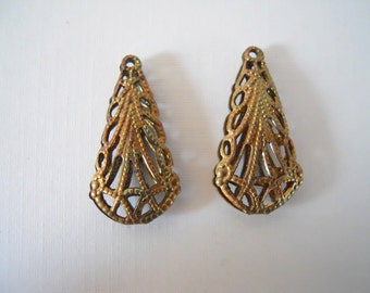 Pair Vintage Brass Filigree  Drops