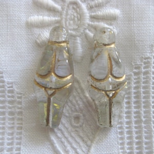 Pair Czech Glass Bead Goddess Crystal Opaque with Aurora Borealis Finish with Gold Wash