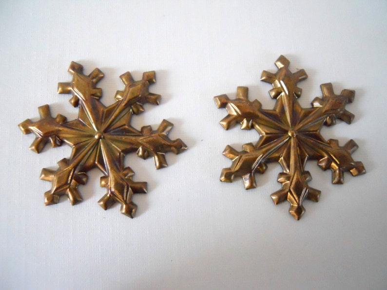 Pair Vintage Brass Snowflake Stampings image 1