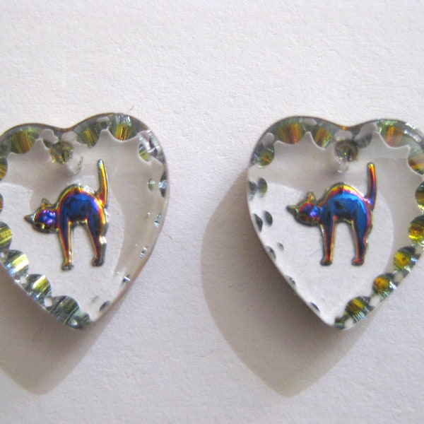 Pair Vintage German Glass Cat Intaglio Hearts