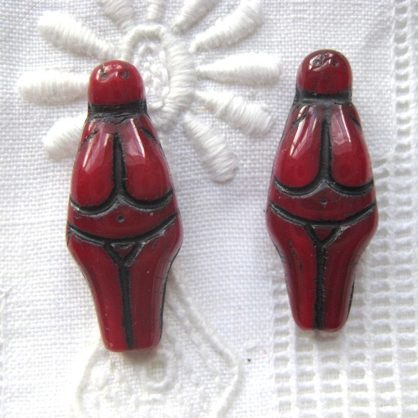 Pair Czech Glass Goddess Beads Red Opaline with Black Wash