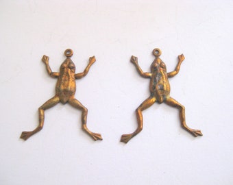 Pair Vintage Brass Frog Charms
