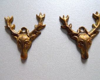 Vintage Oxidized Brass Small Deer Head Charm Findings