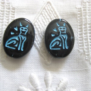 Pair Czech Black Glass Cat Beads