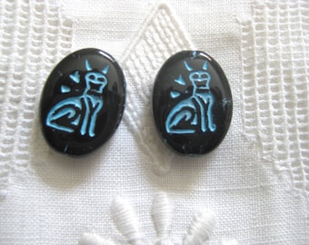 Pair Czech Glass Oval with Egyptian Cat