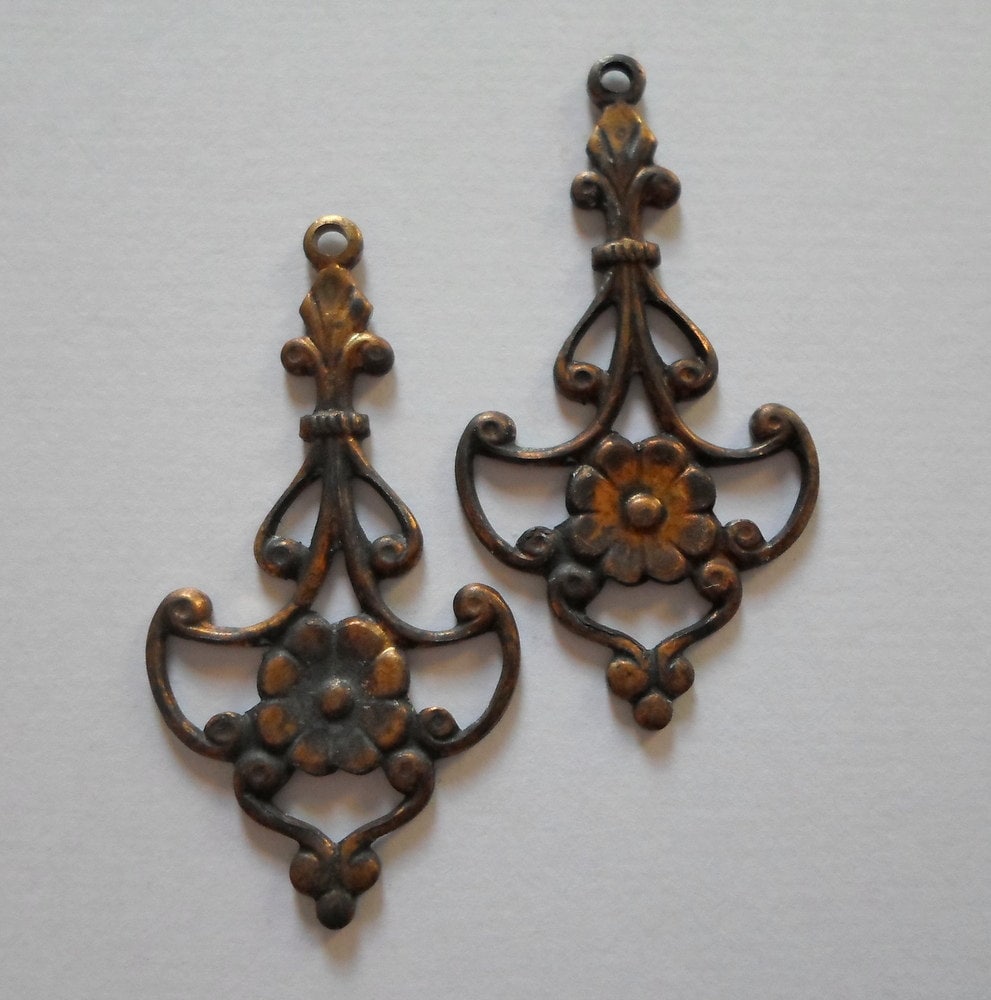 Vintage Oxidized Brass Art Deco Flower Dangle Findings