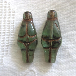 Pair Czech Glass Tourmaline Green Goddess Beads