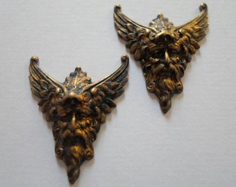 Vintage Oxidized Brass Winged Green Man Findings - Fairy Woodland Findings