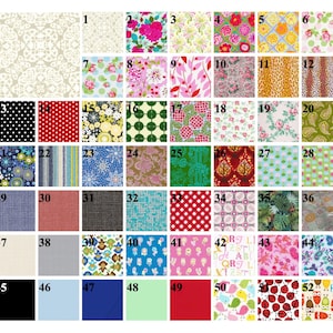 May include: A chart of 52 different fabric swatches, each with a unique pattern and color. The swatches are arranged in a grid, with numbers 1 through 52 labeling each swatch.