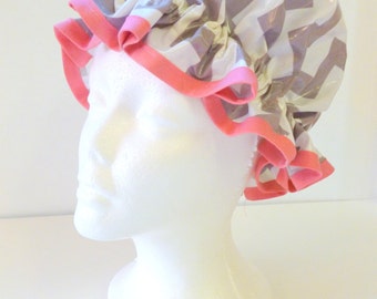 Vintage Shower Caps Grey Chevron with Pink Bias, Adult Size  - Wipeable and Washable, BPA FREE