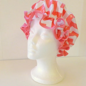 Vintage Shower Caps Hot Pink Chevron, Adult Size  - Wipeable and Washable, BPA FREE