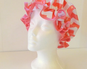 Vintage Shower Caps Hot Pink Chevron, Adult Size  - Wipeable and Washable, BPA FREE