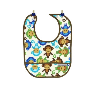 Monkey Baby Indulgence Bib, with crumb catcher pocket,  Laminated Cotton, BPA & PVC free Baby Friendly