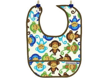 Monkey Baby Indulgence Bib, with crumb catcher pocket,  Laminated Cotton, BPA & PVC free Baby Friendly