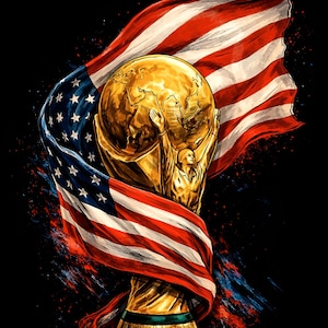 May include: A golden trophy with a globe and a figure holding it aloft, wrapped in the American flag. The background is black with red and blue paint splatters. The trophy has a green and gold base.