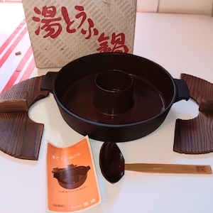 Vintage Japanese Cast Iron Serving Pot with Wooden Ladle