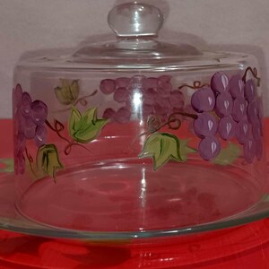Vintage Glass Covered Dish: Hand-Painted Purple Grapes