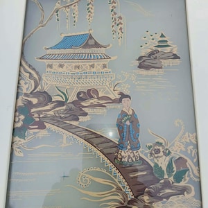 May include: Framed artwork featuring an Asian-inspired landscape. The image depicts a woman on a bridge, with pagodas and weeping willow trees. The color palette includes shades of blue, brown, and beige, creating a serene and traditional aesthetic.