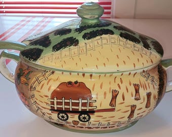 Vintage Farmhouse Soup Tureen ' Hand-Painted Fall Harvest Scene