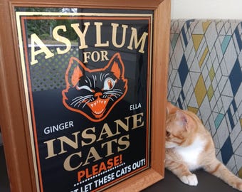 May include: A rectangular wooden framed sign with a black background and gold lettering that reads ASYLUM FOR INSANE CATS. It features a graphic of a winking black cat with orange accents and the text GINGER, ELLA, PLEASE, and DO NOT LET THESE CATS OUT.