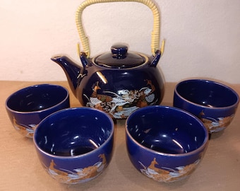 Vintage Cobalt Blue Tea Set with Gold Peacocks