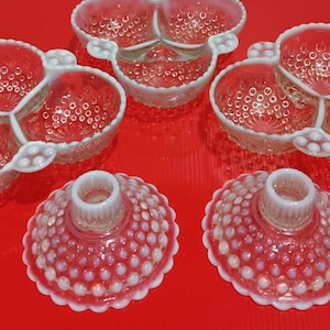 Vintage Opalescent Hobnail Glass Set: Candle Holders & Divided Candy Dishes