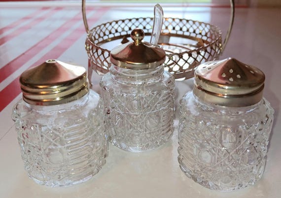 Vintage Silver Plated Condiment Set ' Vintage Cut Crystal