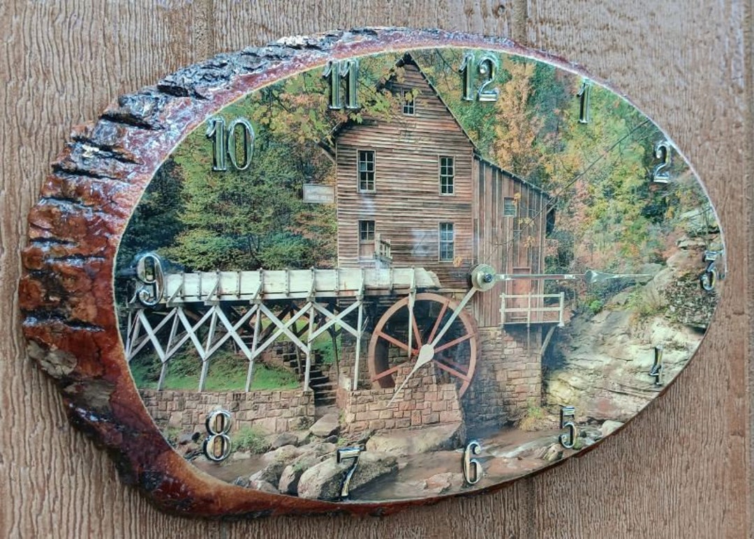 Mid Century Modern Shellac Wood Slab Wall Clock: Waterwheel Scene - Etsy