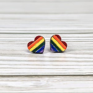 LGBTQ Pride heart earrings wooden. Hand painted wooden LGBTQ pride heart earrings. Rainbow heart earrings. Stud earrings for pride month.
