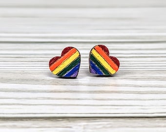 LGBTQ Pride heart earrings wooden. Hand painted wooden LGBTQ pride heart earrings. Rainbow heart earrings. Stud earrings for pride month.