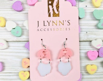 Acrylic dangly love gnome earrings. Love gnome earrings. Valentine's Day earrings. Vday earrings. I love gnomes.