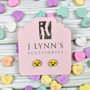 Hand painted wooden heart emoji earrings. Love emoji earrings. Valentine&#39;s Day emoji earrings. Cute earrings.