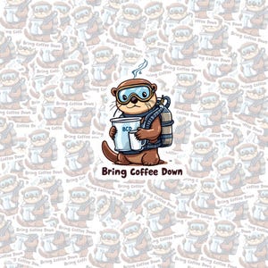 Pode incluir: Uma lontra de desenho animado usando uma máscara de mergulho e carregando uma xícara de café com o texto "BCD" nela. A lontra está usando um tanque de mergulho e está cercada por um padrão de imagens repetidas da lontra. O texto "Bring Coffee Down" está escrito abaixo da lontra.