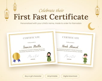 May include: Two rectangular certificates titled First Fast Certificate with gold borders. One features a girl character and a gold seal with blue ribbons, the other a boy character. Text includes names Samira Mulla and Noah Ahmed, plus Ramadan greetings.