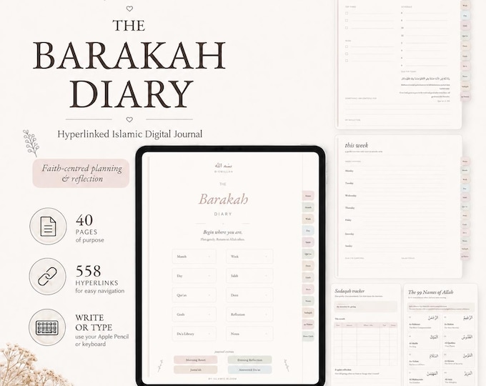 Featured listing image: The Barakah Diary | Islamic Daily Planner & Deen Tracker | Hyperlinked Muslim Journal for GoodNotes | Digital Islamic Planner