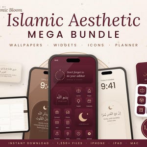 Op de afbeelding: Een digitaal productpakket genaamd Islamic Aesthetic Mega Bundle met achtergronden, widgets, iconen en een planner. De weergave toont smartphones en een tablet met donkerrode en beige interfaces met Arabische kalligrafie en motieven.