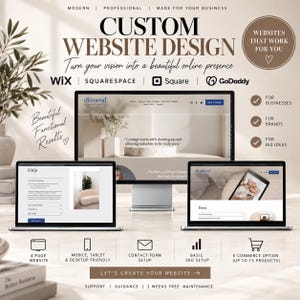 May include: A digital display showing custom website design services for Wix, Squarespace, Square, and GoDaddy. The layout features a large monitor and two laptops displaying web pages, with text detailing features like 4-page setup, SEO, and e-commerce options.