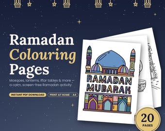 May include: A set of 20 Ramadan coloring pages featuring a mosque illustration with the text Ramadan Mubarak. The pages are displayed against a dark blue background decorated with gold lanterns and stars, with the text Ramadan Colouring Pages.